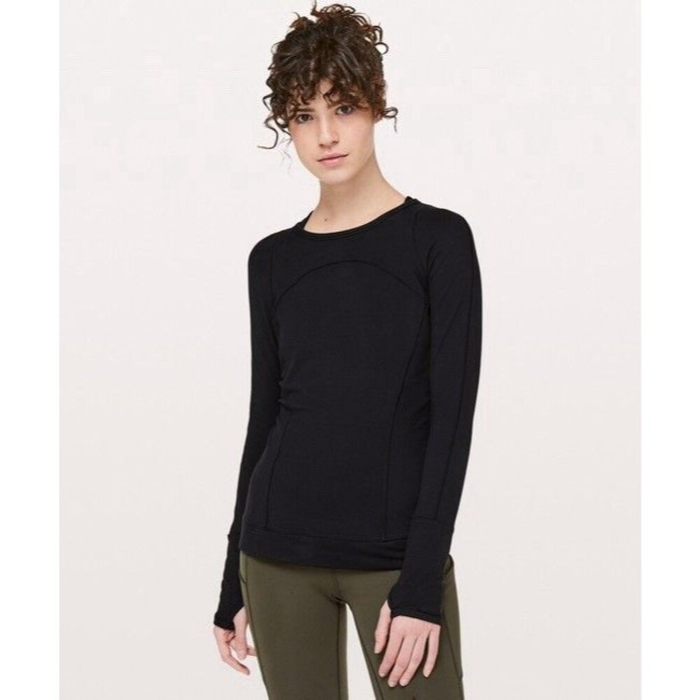 Lululemon Cypress Kiss Long Sleeve Black Size 10 Flatlock Seam Thumbholes EUC